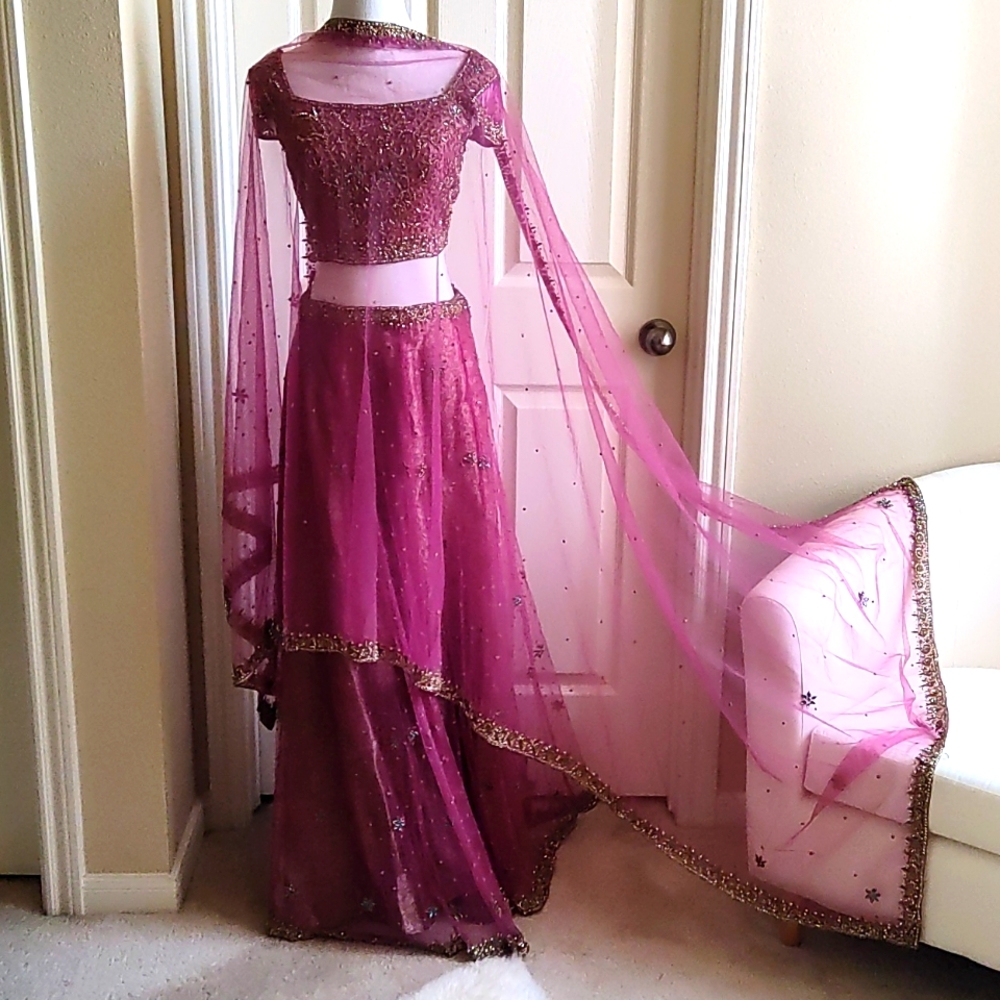 Designer Embellished Kundan and Zari gold work Wine jacquard and net lehenga S/M